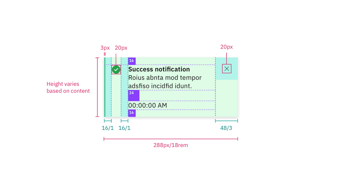 Structure and spacing for a toast notification